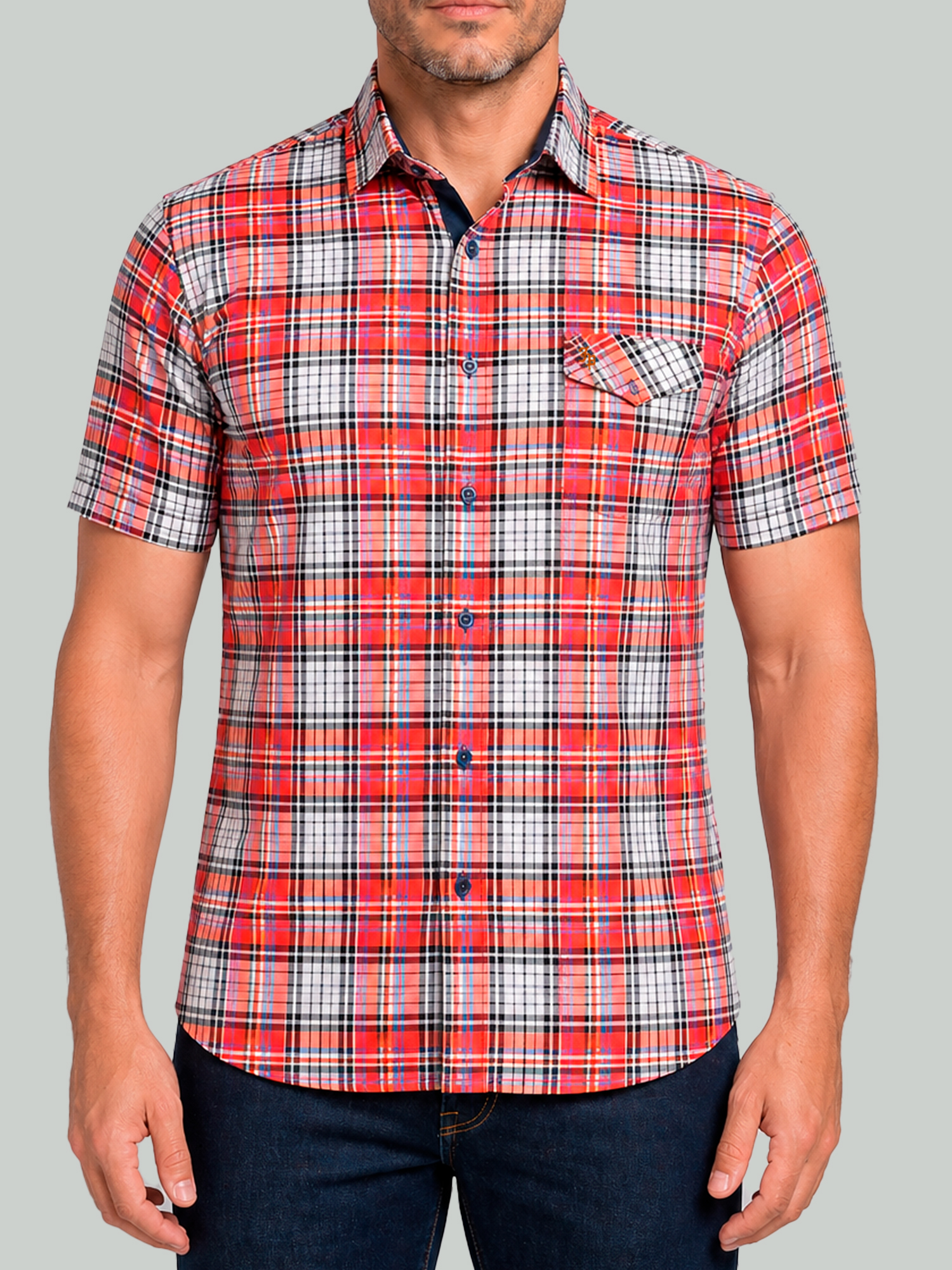 camisa cuadros naranja hombre manga corta