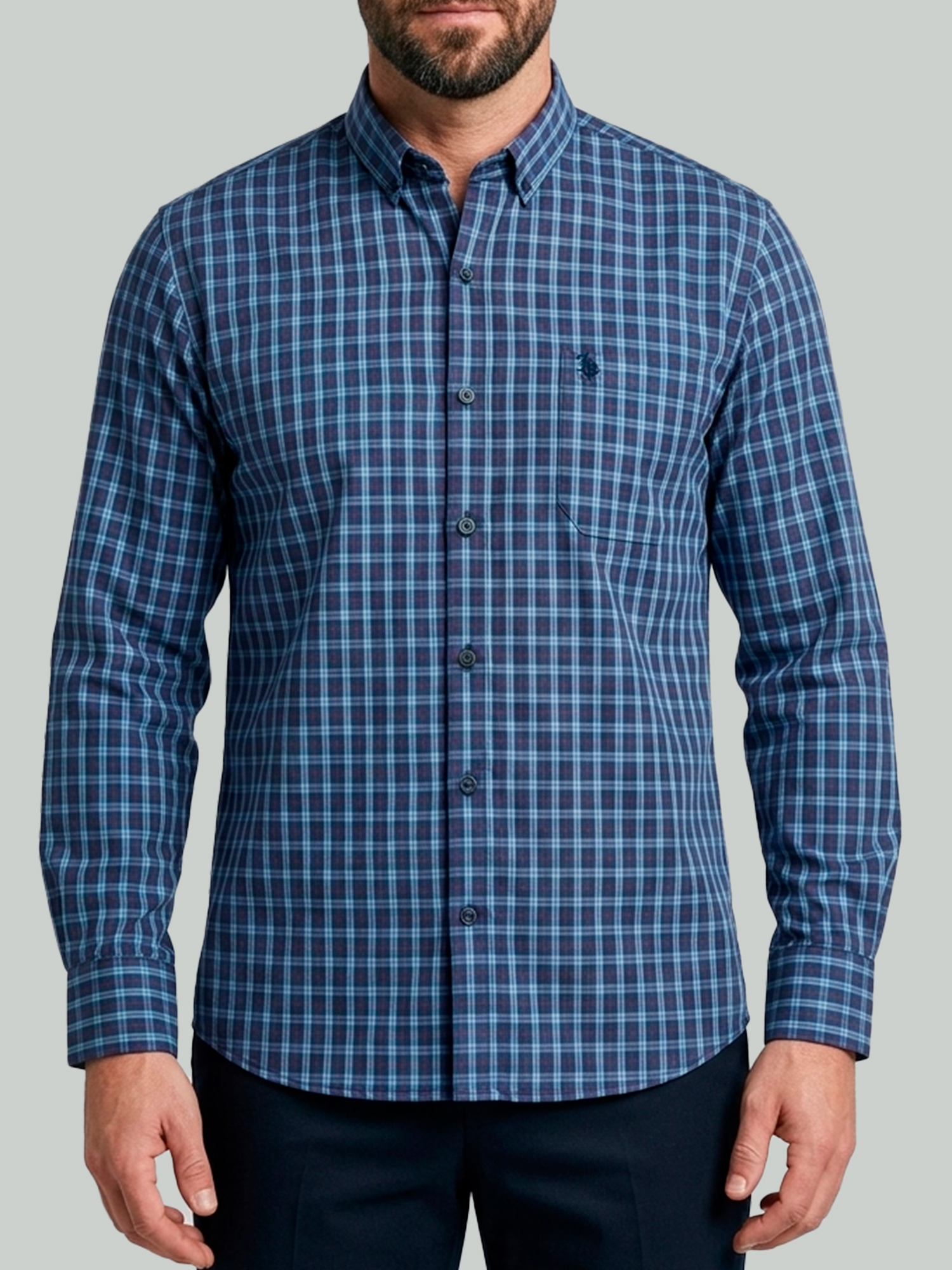 camisa cuadros azul oscuro hombre manga larga