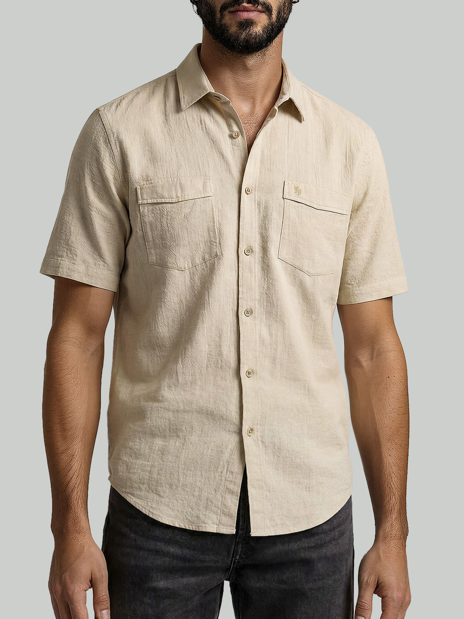 camisa beige hombre algodón manga corta